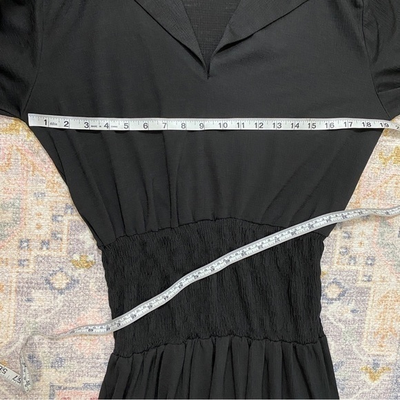 Zara Small Black Smocked Waist Long Sleeve Collared Midi Dress - Picture 9 of 11